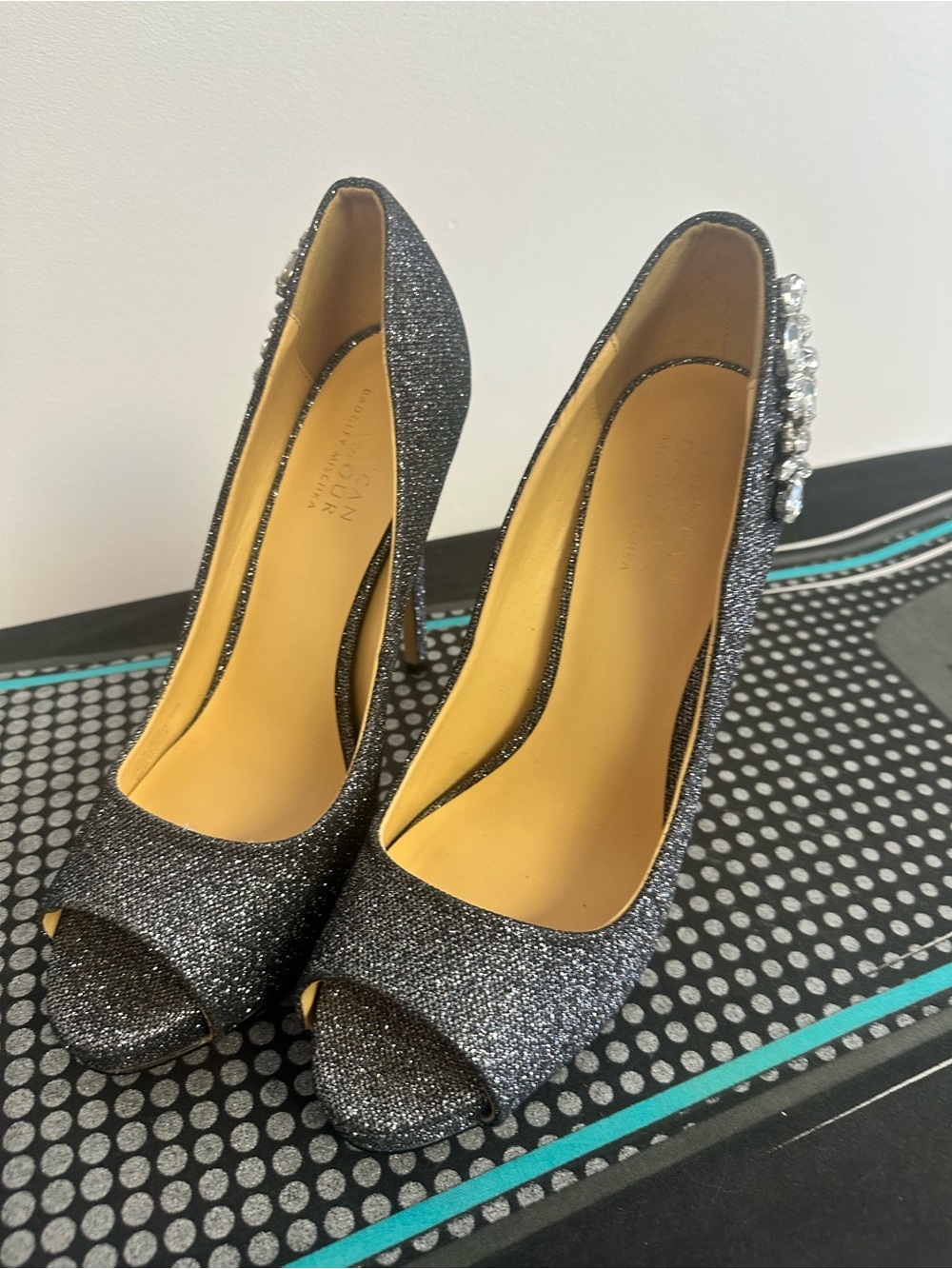 Badgley Mischka Black Glitter Peep-Toe Heels with Crystal Cluster